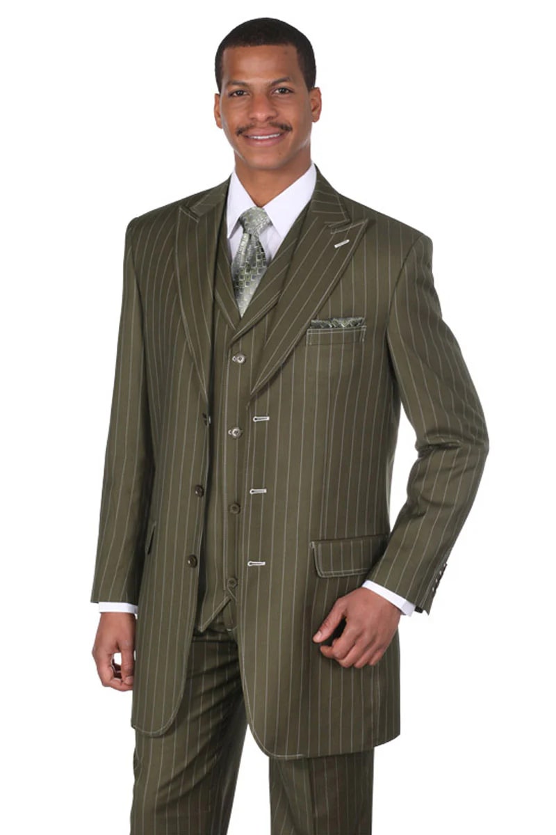 Mens 3 Button Vested Wide Peak Lapel 1920's Gangster Pinstripe Suit in Olive