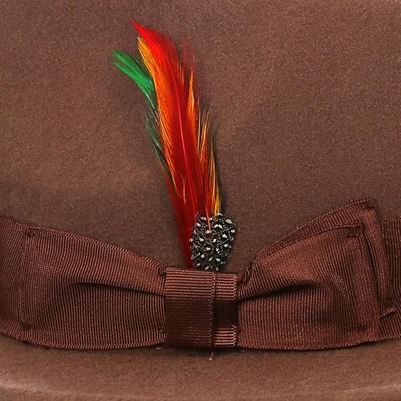 Gangster 100% Austrailian Wool Crushable Mens Fedora Hat - Removable Feather Gangster Brown Mens Fedora Hat - Small