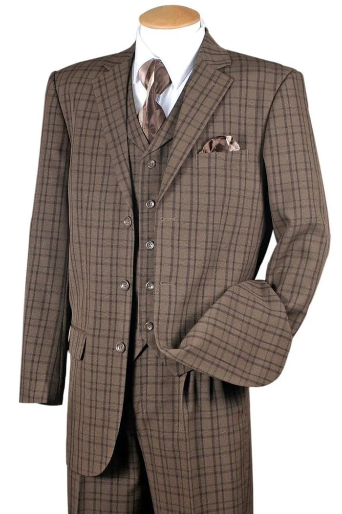 Cheap Priced Suit- Mens 3 Button Vested Windowpane Plaid Fashion Brown Suit