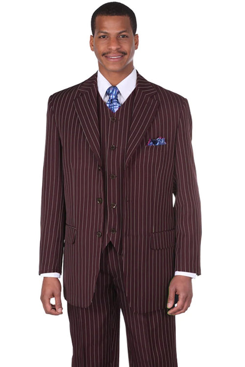 Cheap Priced Suit  - Mens 3 Button Vested Vintage Bold Gangster Pinstripe  Brown Suit