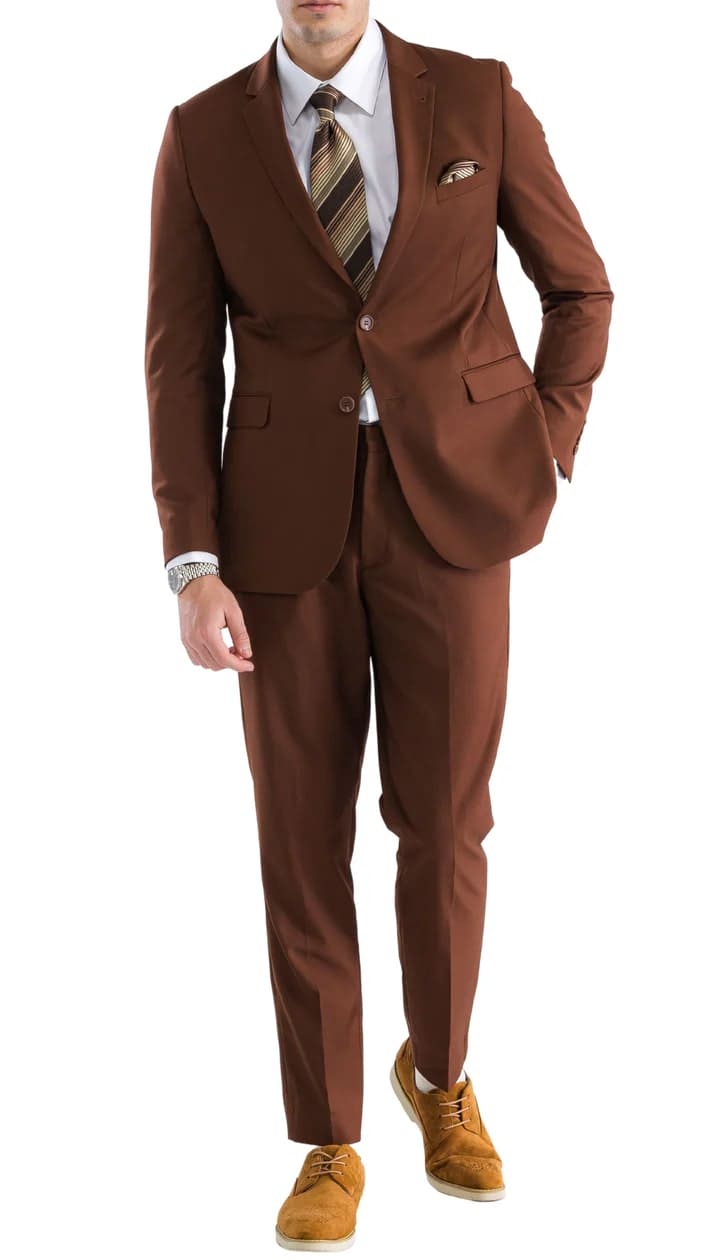 Oslo Brown Slim Fit Notch Lapel 2 Piece Suit - 38 Short Jacket+32 Waist Adjustable 28to34)(Height: 5 4 to5 7 )(Neck  15-16.5)S-M)