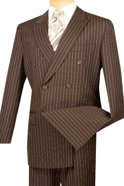 Cheap Priced Suit - Mens Double Breasted Gangster Bold Pinstripe Brown Suit Brown Prom 2026 Suits
