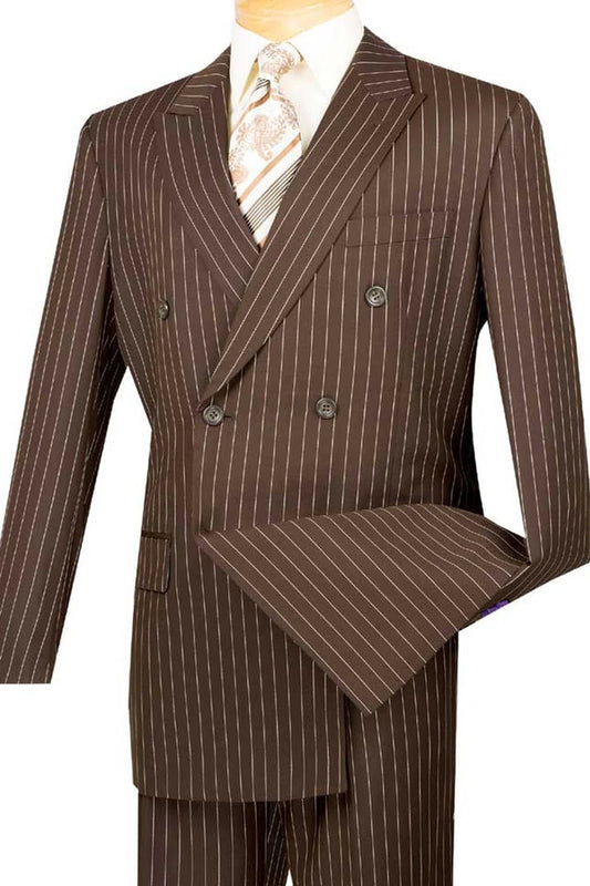 Cheap Suit - Mens Double Breasted Gangster Bold Pinstripe Brown Suit Brown Prom Suits