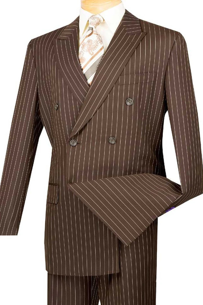 Cheap priced Suit - Mens Double Breasted Gangster Bold Pinstripe Brown Suit