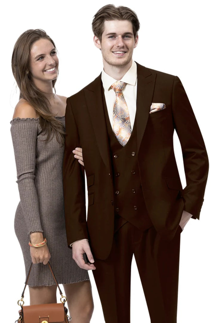 Cheap priced Suit  - Mens Modern Two Button Vested Peak Lapel Brown Suit With Double Breasted Vest