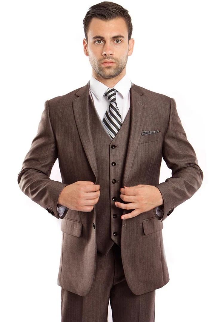 Cheap Suit - Men's Two Button Vested Textured Sharkskin Business Brown Suit