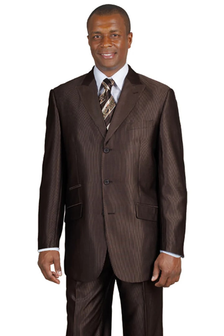 Cheap Suit - Mens 3 Button Peak Lapel Shiny Sharkskin Micro Pinstripe Brown Suit