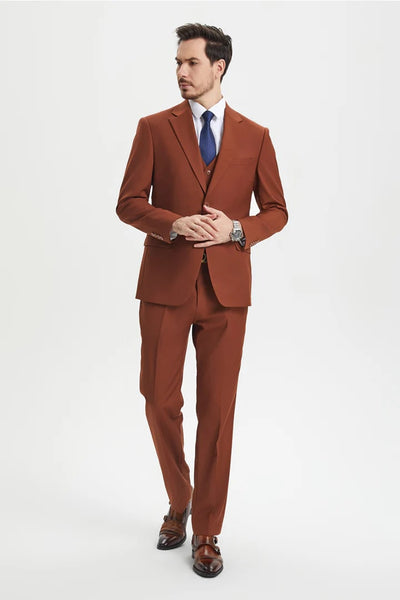 Cheap Priced Suit- Men's Two Button Vested Stacy Adams Basic Designer Sharkskin Brown Rust Suit