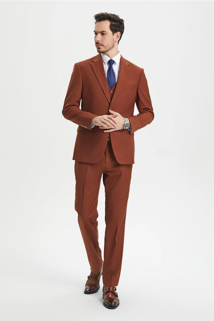 Cheap Priced Suit- Men's Two Button Vested Stacy Adams Basic Designer Sharkskin Brown Rust Suit