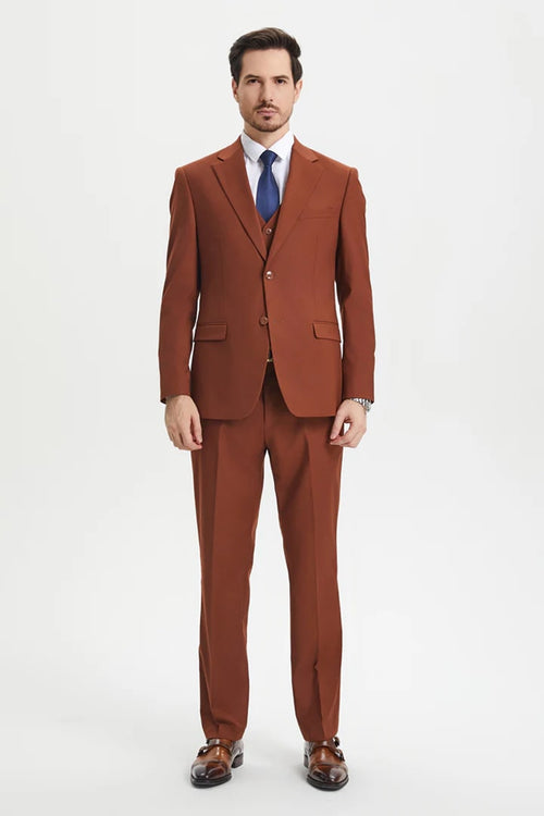 Cheap Priced Suit- Men's Two Button Vested Stacy Adams Basic Designer Sharkskin Brown Rust Suit