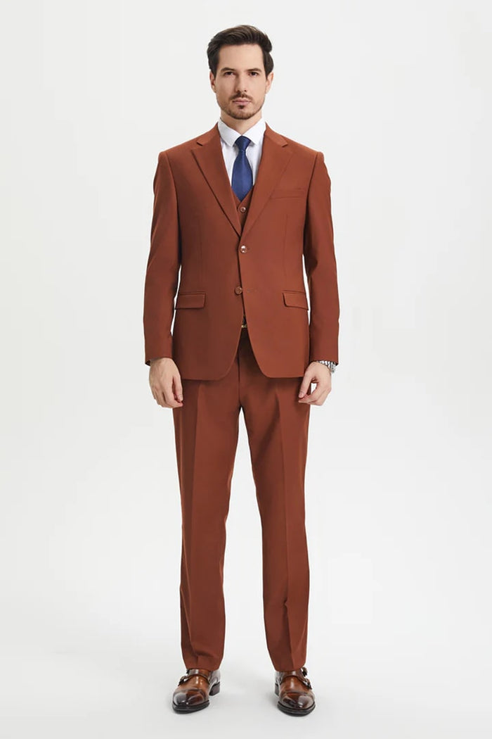 Cheap Priced Suit- Men's Two Button Vested Stacy Adams Basic Designer Sharkskin Brown Rust Suit