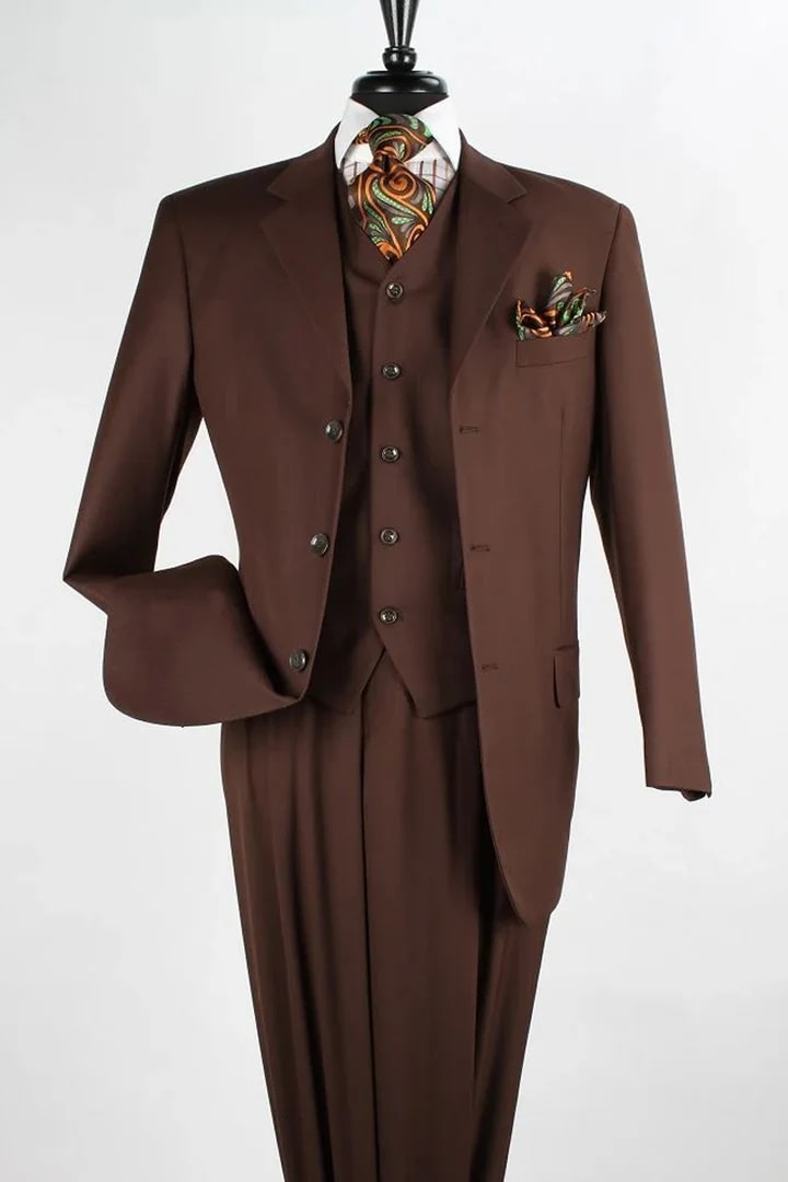 Cheap Priced Suit  - Mens Classic Fit 3 Button Vested Single Pleated Pant Coco Brown Suit