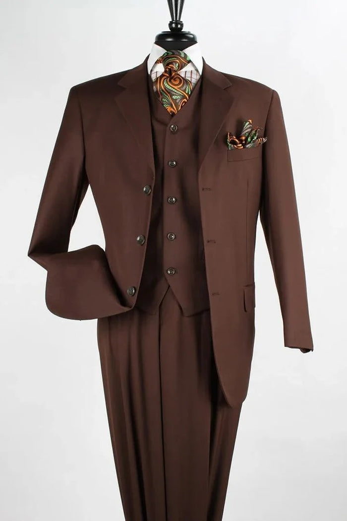 Cheap Priced Suit  - Mens Classic Fit 3 Button Vested Single Pleated Pant Coco Brown Suit
