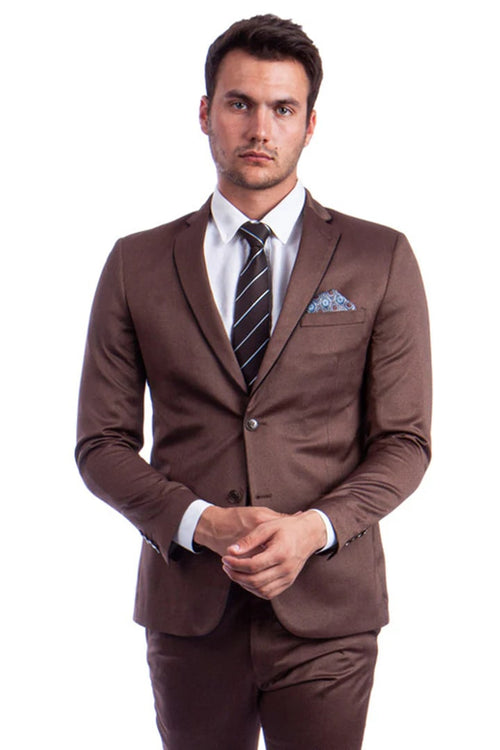 Cheap priced Suit  - Men's Slim Fit Two Button Shiny Sharkskin Suit In Light Brown Cognac  Lapel Trim