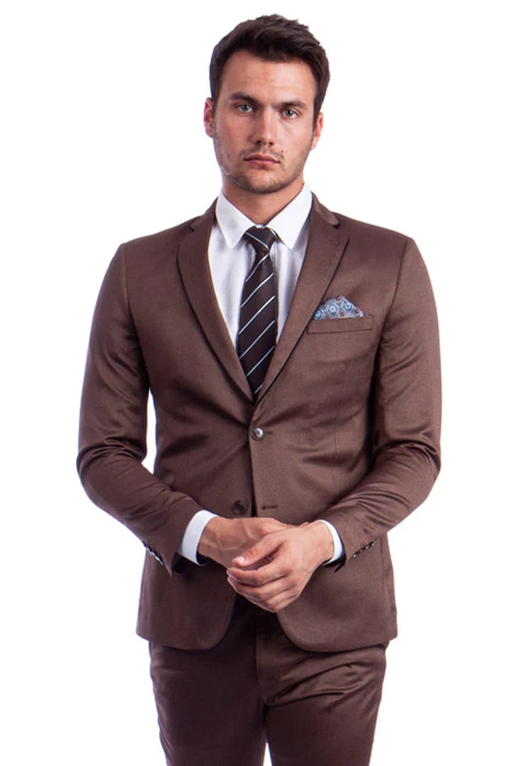 Cheap priced Suit  - Men's Slim Fit Two Button Shiny Sharkskin Suit In Light Brown Cognac  Lapel Trim - 38 Short Jacket+32 Waist Adjustable 28to34)(Height: 5 4 to5 7 )(Neck  15-16.5)S-M)
