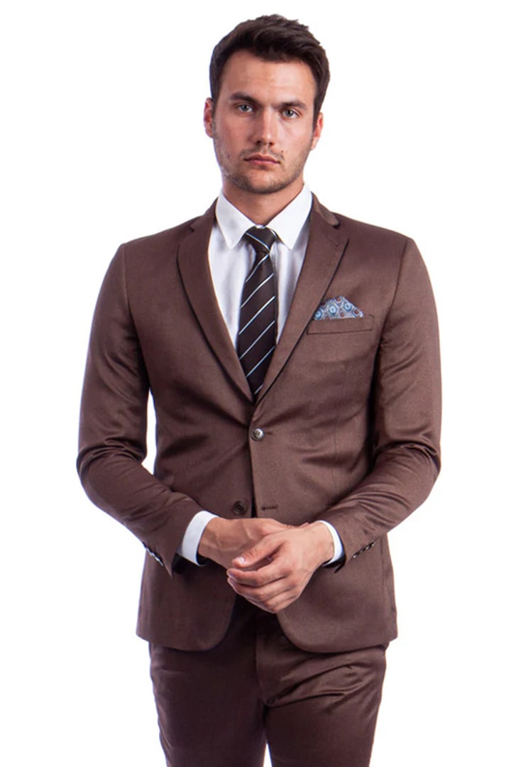 Cheap Suit - Men's Slim Fit Two Button Shiny Sharkskin Suit In Light Brown Cognac With Black Lapel Trim