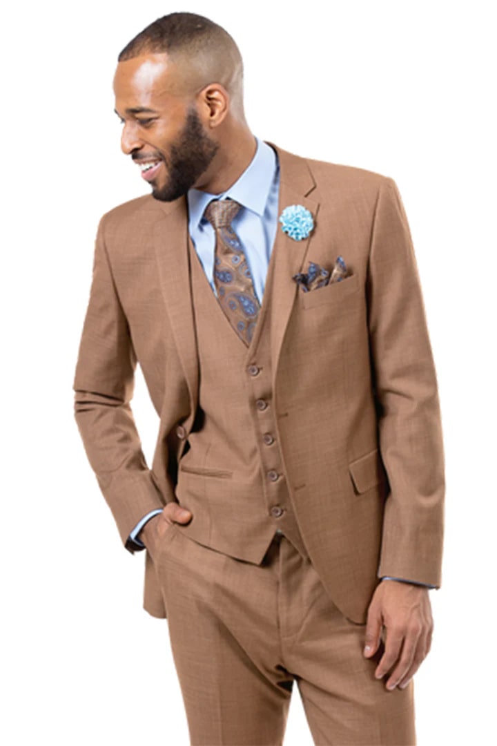 Cheap Suit - Mens Two Button Vested Sharkskin Weave Business Brown Suit