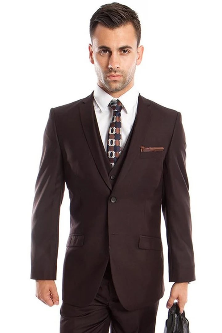 Cheap Suit - Men's Two Button Slim Fit Basic Vested Wedding Brown Suit