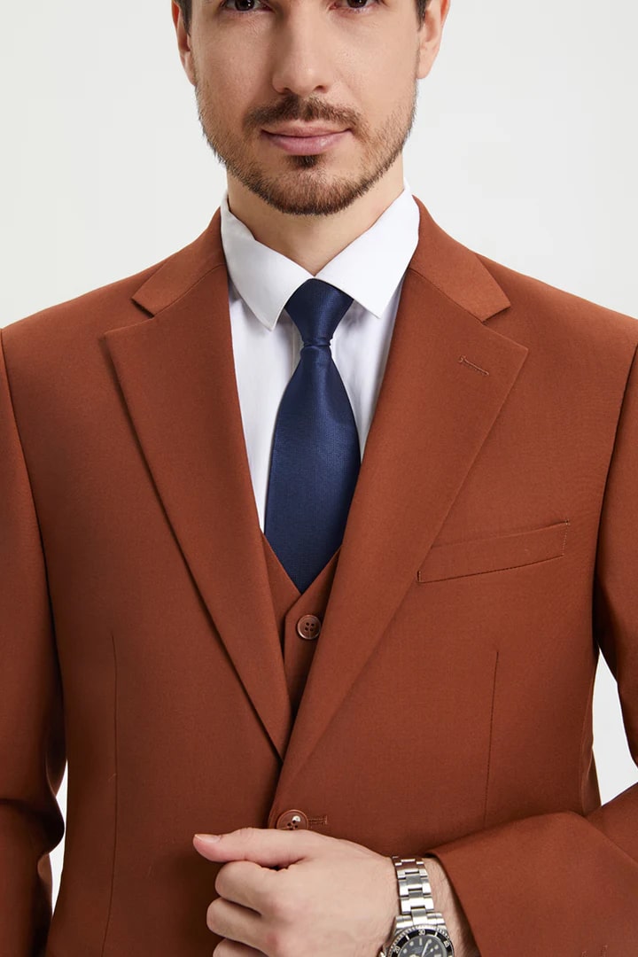 Cheap Priced Suit- Men's Two Button Vested Stacy Adams Basic Designer Sharkskin Brown Rust Suit - 38 Short Jacket+32 Waist Adjustable 28to34)(Height: 5 4 to5 7 )(Neck  15-16.5)S-M)