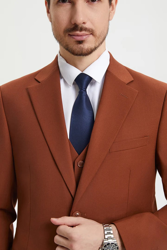 Cheap Priced Suit- Men's Two Button Vested Stacy Adams Basic Designer Sharkskin Brown Rust Suit