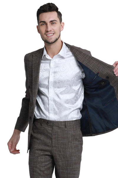Cheap priced Suit - Men's Slim Fit Double Breasted Summer Sharkskin Brown  Suit