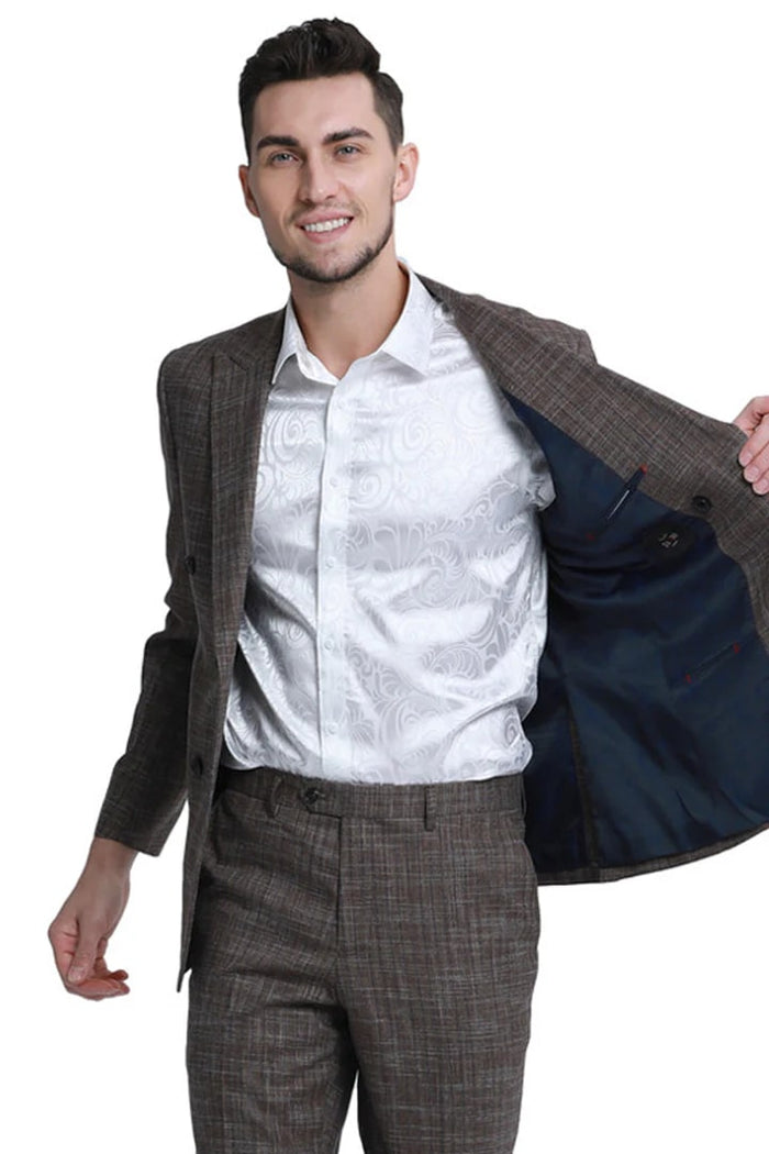 Cheap priced Suit - Men's Slim Fit Double Breasted Summer Sharkskin Brown  Suit