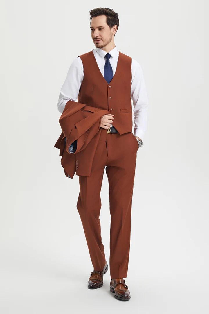 Cheap Priced Suit- Men's Two Button Vested Stacy Adams Basic Designer Sharkskin Brown Rust Suit - 38 Short Jacket+32 Waist Adjustable 28to34)(Height: 5 4 to5 7 )(Neck  15-16.5)S-M)