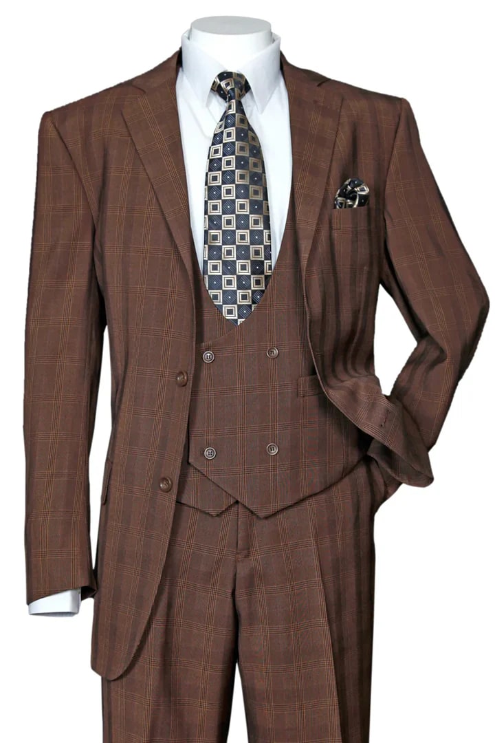 Cheap Suit - Mens Modern Fit Plaid Windowpane Brown Suit With Double Breasted Scoop Vest