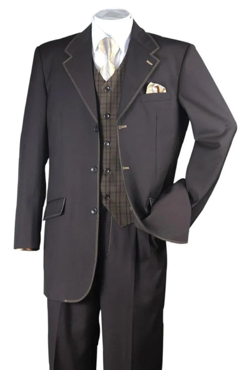 Cheap Priced Suit - Mens 3 Button Fashion Semi Wide Leg Vested Suit Brown With White Stitching