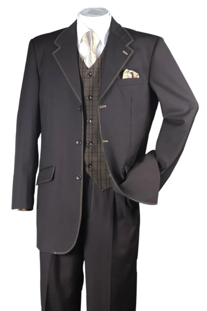 Cheap Priced Suit - Mens 3 Button Fashion Semi Wide Leg Vested Suit Brown With White Stitching - 38 Short Jacket+32 Waist Adjustable 28to34)(Height: 5 4 to5 7 )(Neck  15-16.5)S-M)