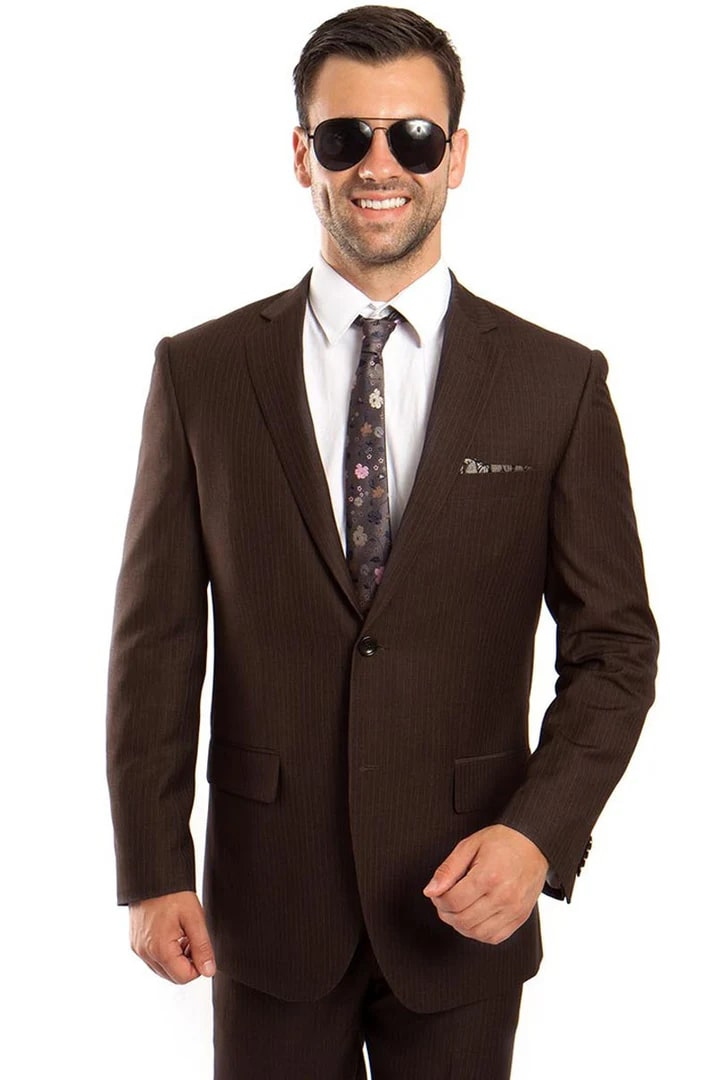 Cheap Suit - Men's Two Button Regular Fit Micro Pinstripe Business Brown Suit