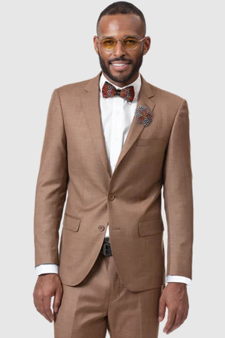 Cheap Priced Suit  - Mens Two Button Modern Fit Sharkskin Weave Brown Suit - 38 Short Jacket+32 Waist Adjustable 28to34)(Height: 5 4 to5 7 )(Neck  15-16.5)S-M)
