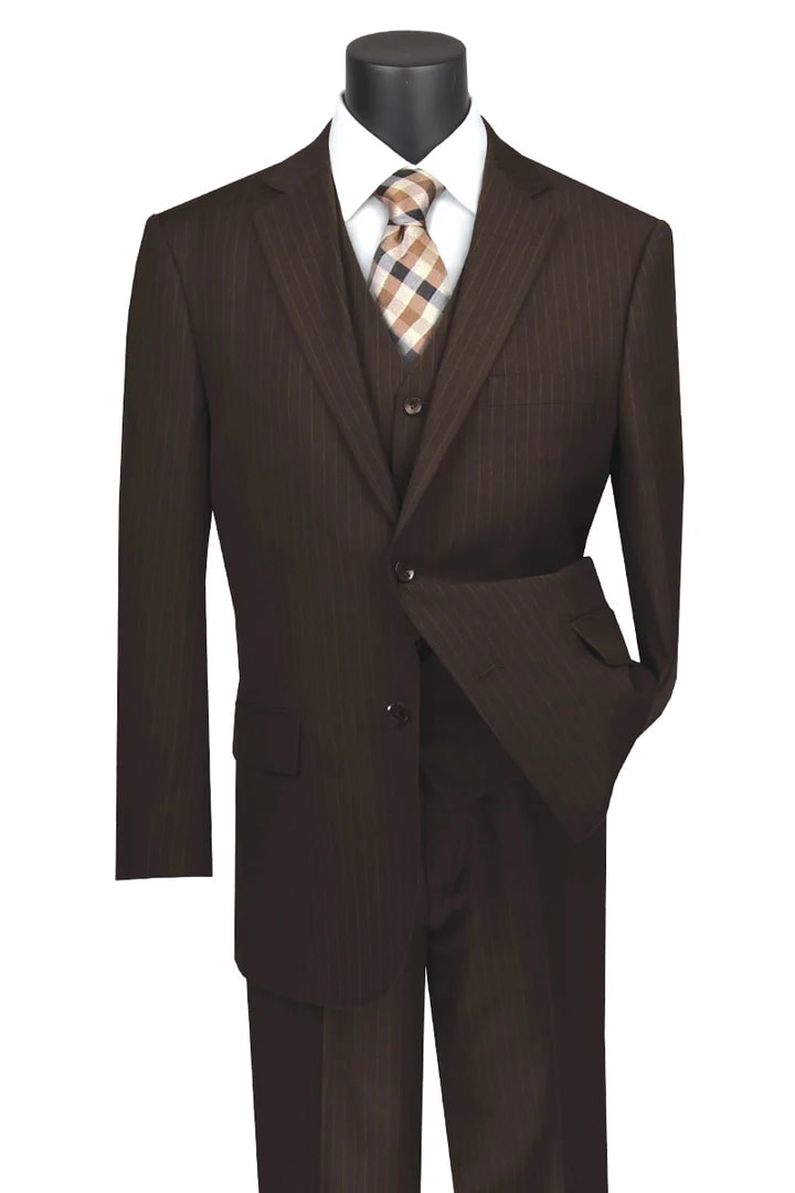 Cheap Priced Suit - Mens Classic Fit Vested Banker Pinstripe Brown Suit