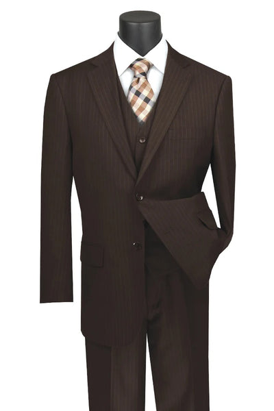 Cheap Priced Suit - Mens Classic Fit Vested Banker Pinstripe Brown Suit