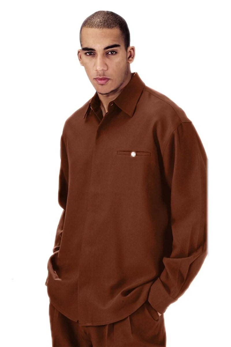 Mens Casual Long Sleeve French Front Leisure Set in Brown - S