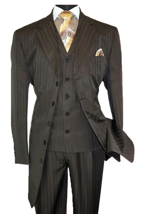 Cheap Priced Suit - Mens Long Fashion Vested Tonal Pinstripe Zoot Brown Suit