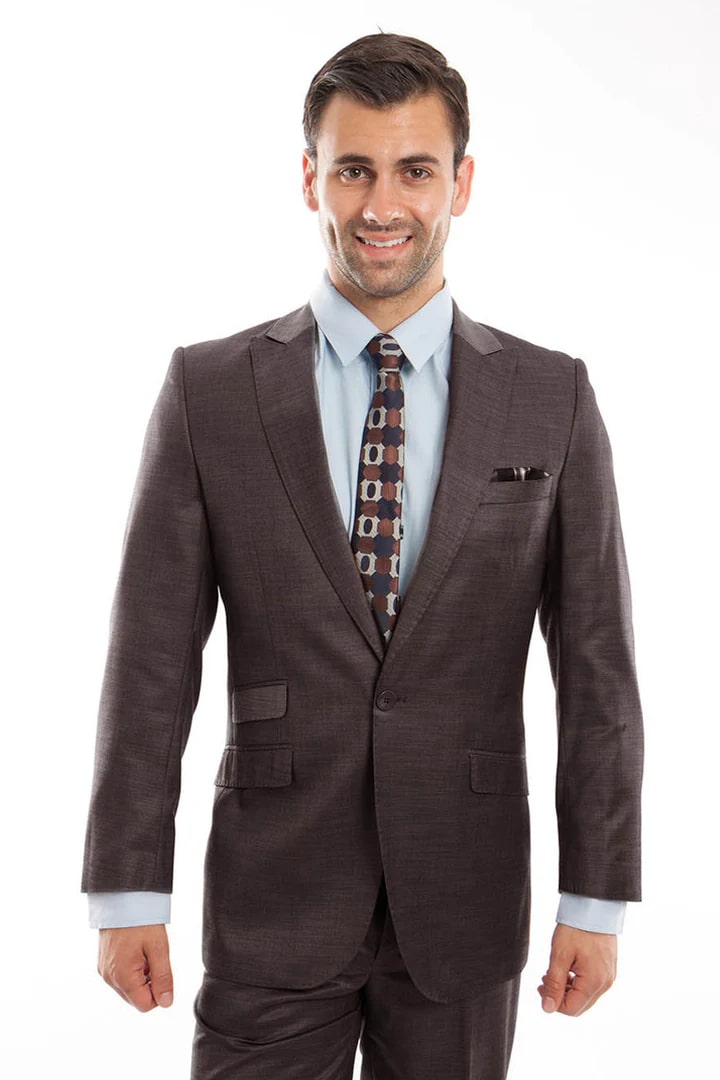 Cheap Suit - Men's One Button Peak Lapel Slim Fit Sharkskin Brown Suit With Ticket Pocket