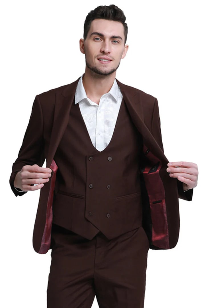 Cheap Suit - Men's Slim Fit One Button Peak Lapel Low Cut Double Breasted Vest Wedding Brown Suit