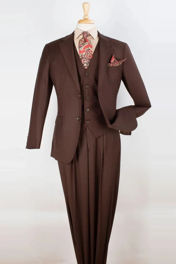 Cheap Priced Suit  - Mens Two Button Classic Fit Vested Brown Suit - 38 Short Jacket+32 Waist Adjustable 28to34)(Height: 5 4 to5 7 )(Neck  15-16.5)S-M)