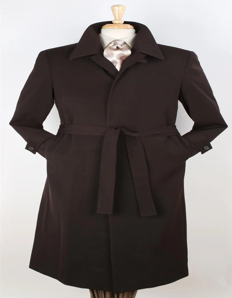 Mens Black Diamond Solid Brown 100% Wool Gabardine Belted Duster Overcoat - Coat Size 38