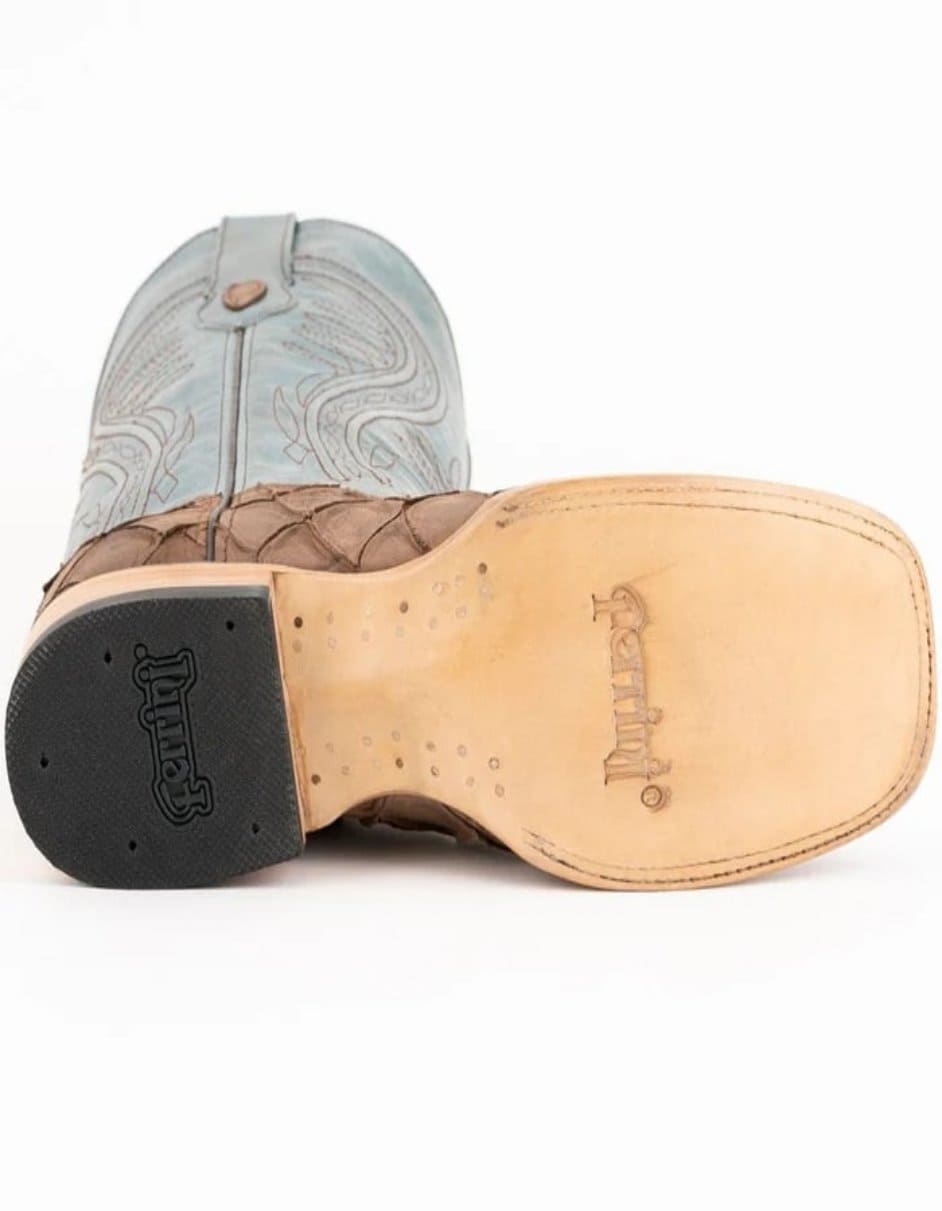 Ferrini Bronco Men's Print Pirarucu Fish Square Toe Boots Handcrafted Brown - 8D