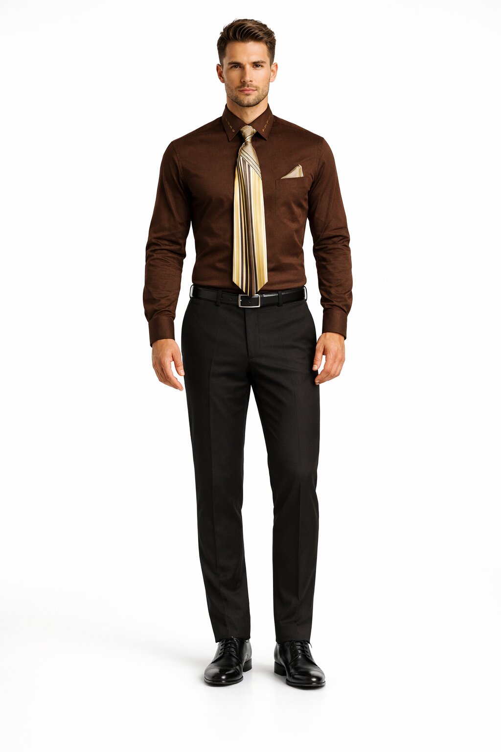 French Cuff + Tie + Handkerchief Men's Dress Shirt With Tie