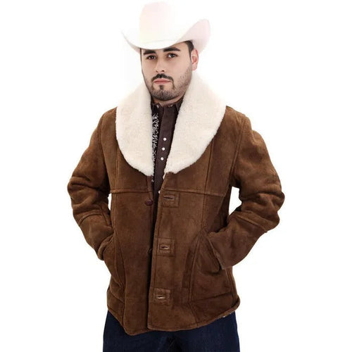 Men’s Black Shearling Jacket with Faux Fur Collar, Western Winter Coat for Casual Wear