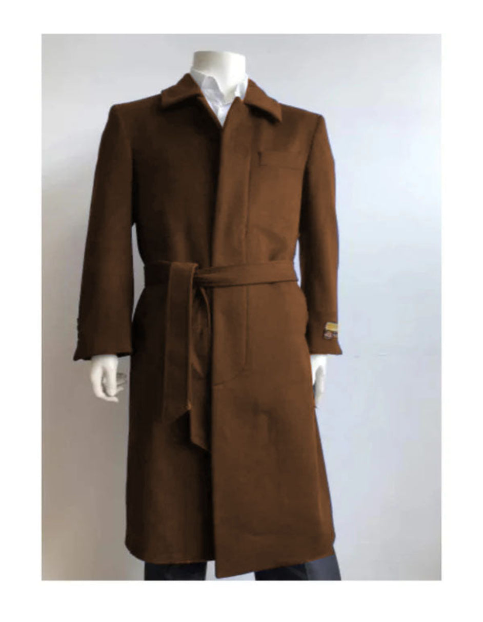 Mens Solid Brown 100% Wool Gabardine Belted Duster Overcoat - Coat Size 38