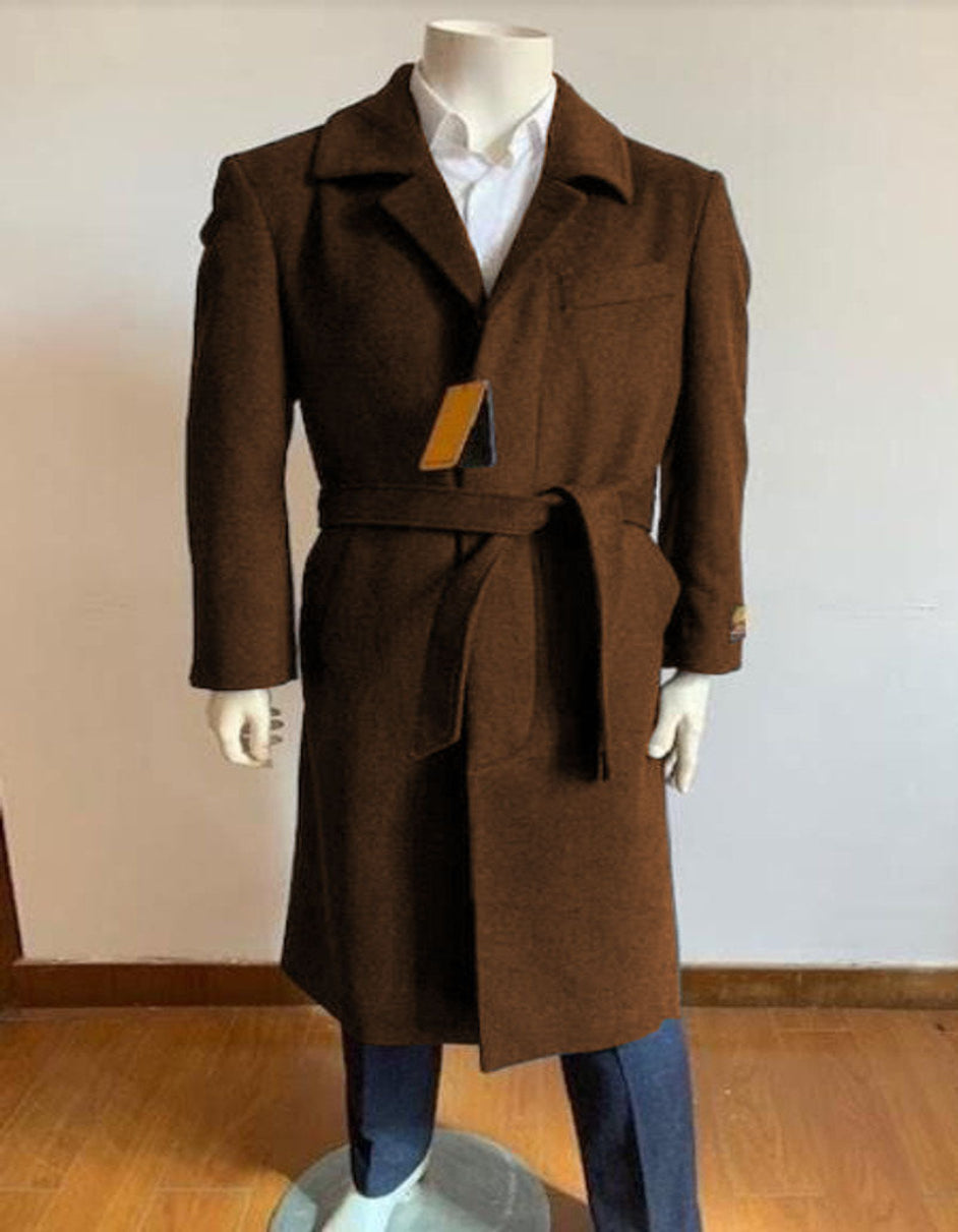 Mens Solid Brown 100% Wool Gabardine Belted Duster Overcoat - Coat Size 38