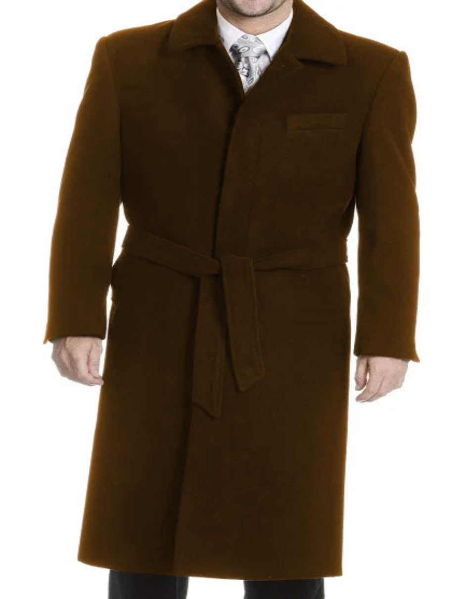 Mens Solid Brown 100% Wool Gabardine Belted Duster Overcoat - Coat Size 38