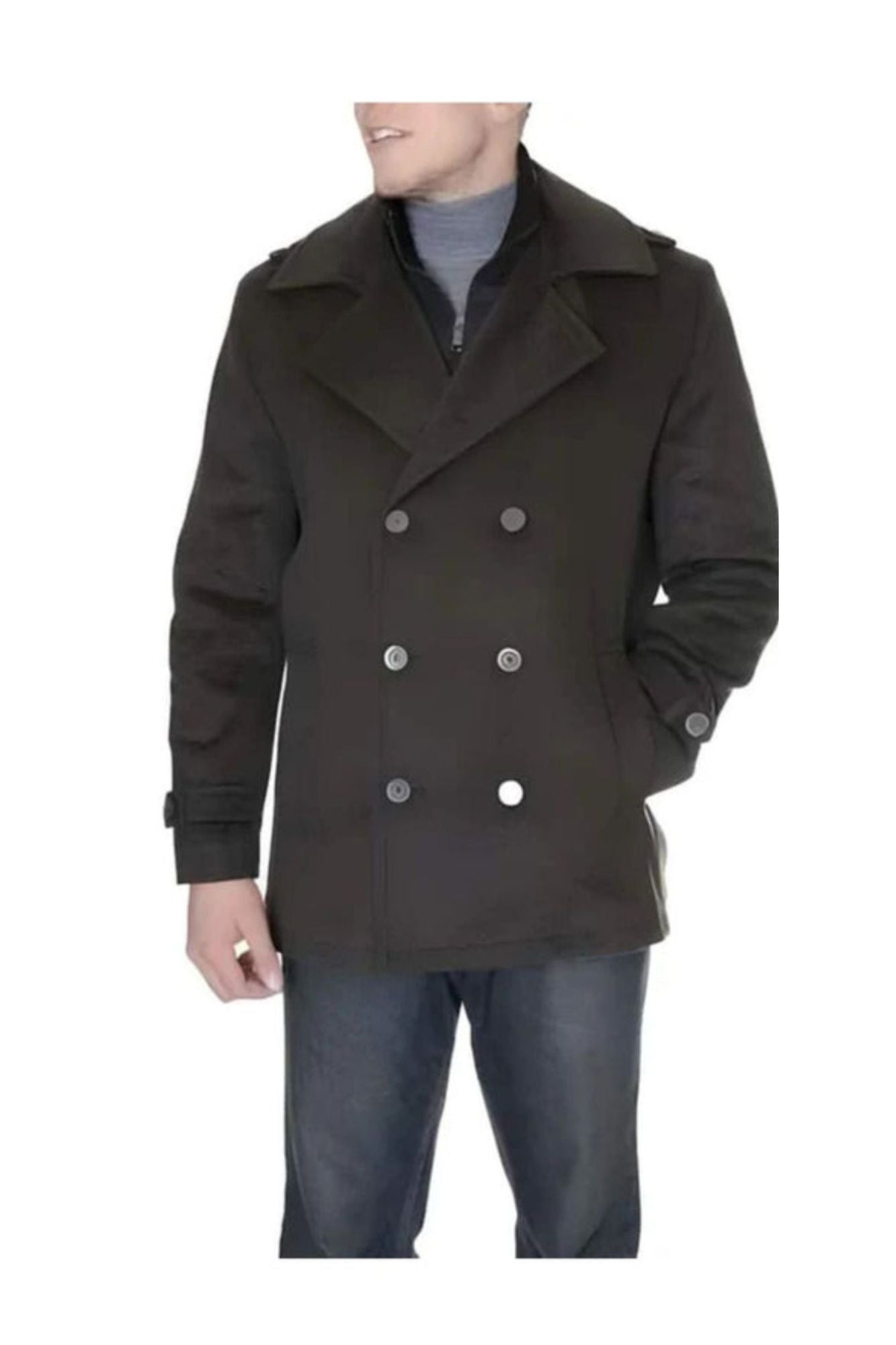 Double Breasted Six Button Herringbone Brown Designer men's Wool Peacoat Sale - Coat Size 38