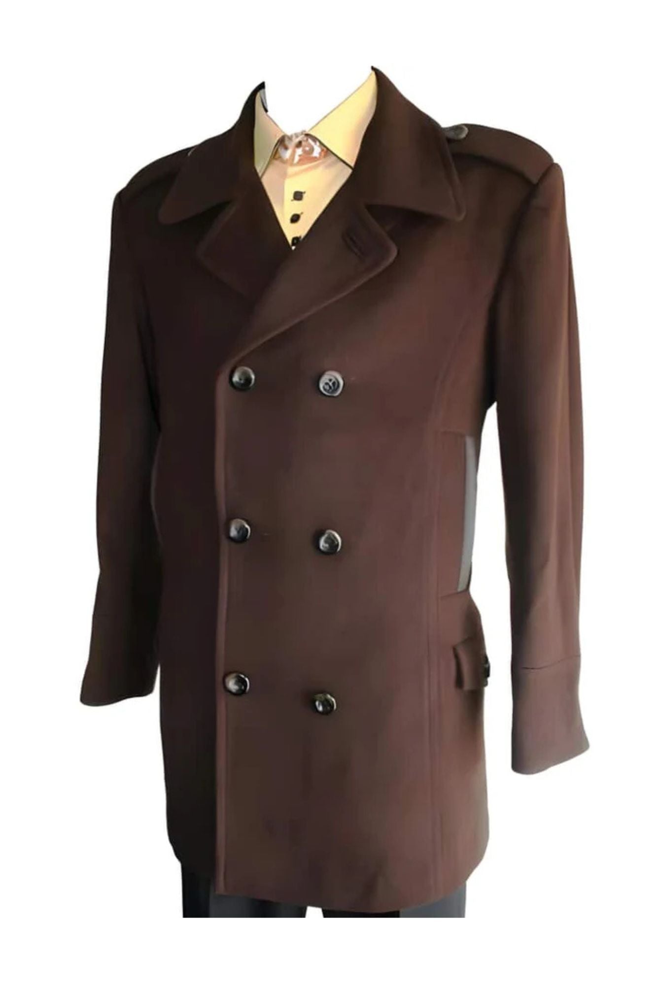 Designer men's Wool Peacoat Sale Blend Double Breasted 6 Button Coco Chocolate brown - Coat Size 38