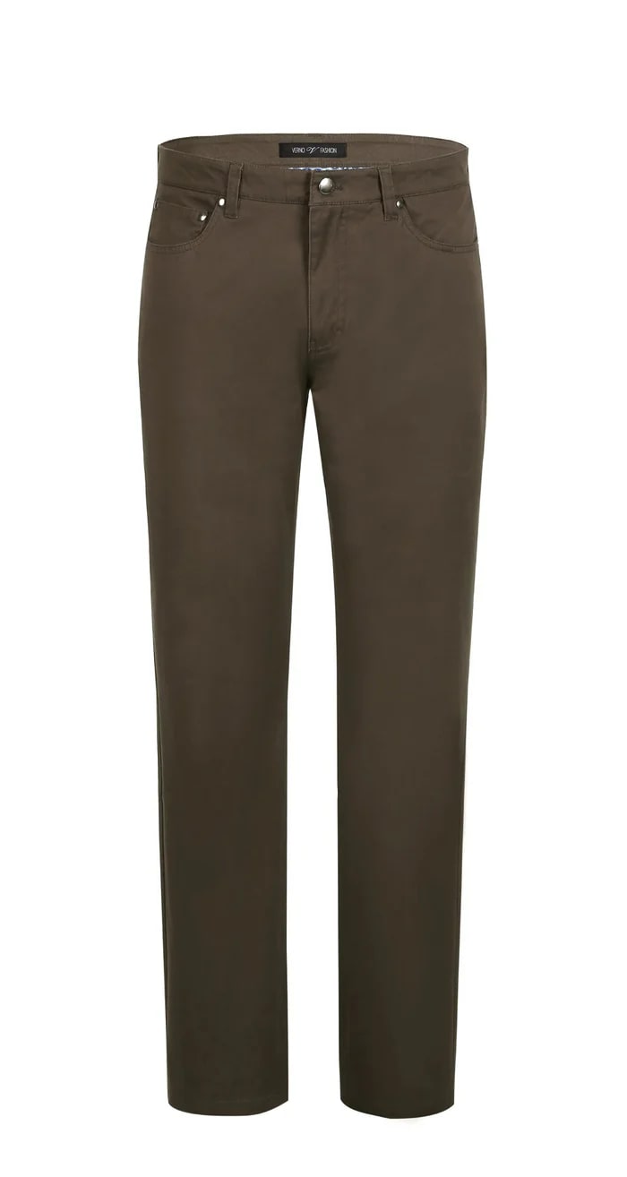 Stretch Cotton Flat Front Pants Straight Legs in Brown - Dress Size Pants : 28