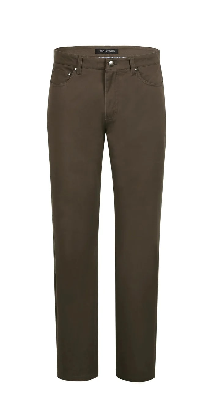 Stretch Cotton Flat Front Pants Straight Legs in Brown